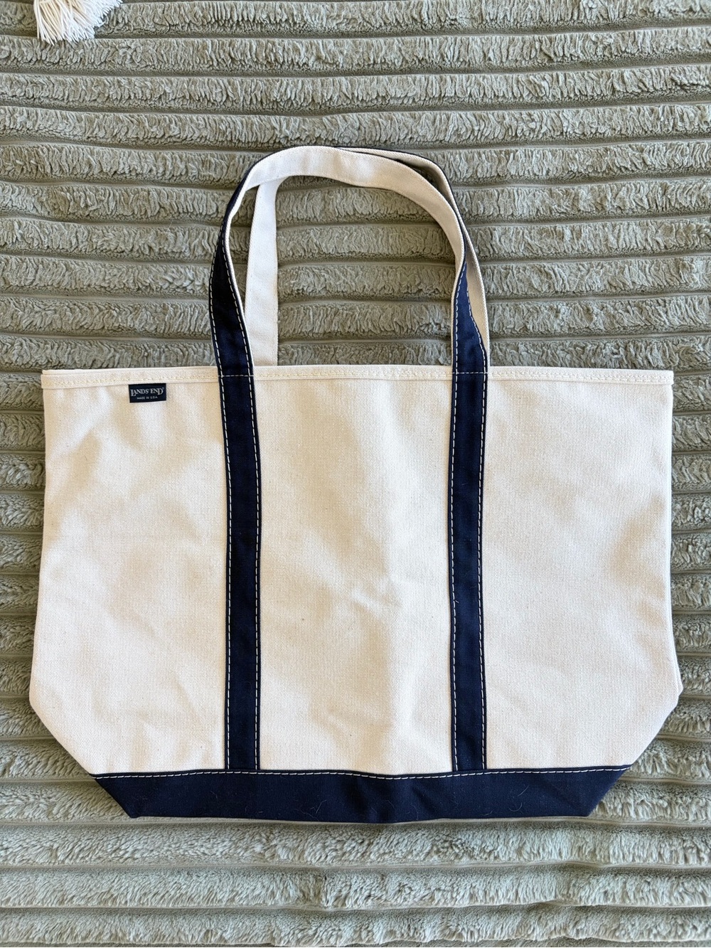 Lands End Large Tote Bag With Zipper Closure Beige/Blue